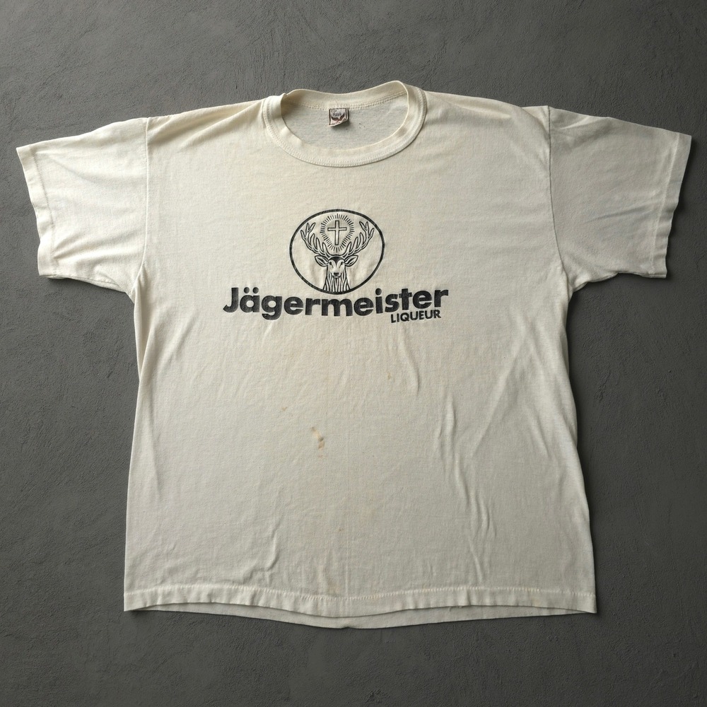 Vintage 80s Jagermeister Cream T-shirt XL Single Stitch Alcohol Promo